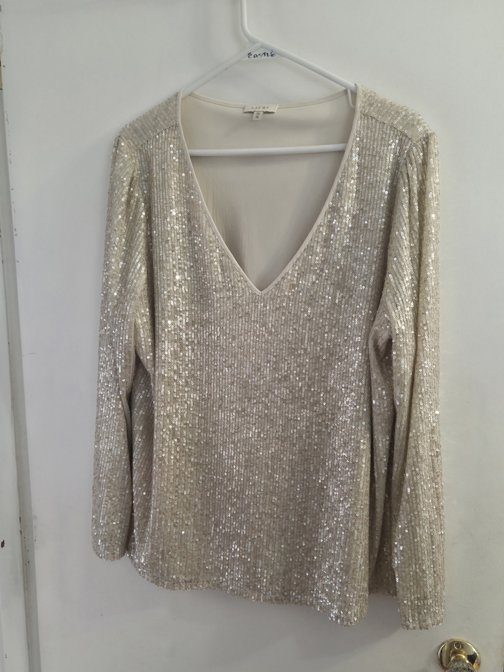 Sequin V-Neck Long Sleeve Blouse in Cream